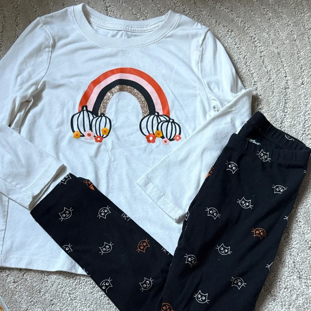 Girls Cat & Jack Halloween Fall Shirt & Legging pumpkin rainbow black cats